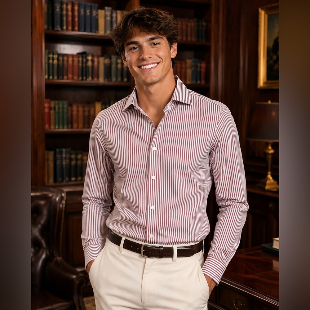 ISAIA Burgundy and White Narrow-Stripe Dress Shirt (NWT) - Picture 2 of 2